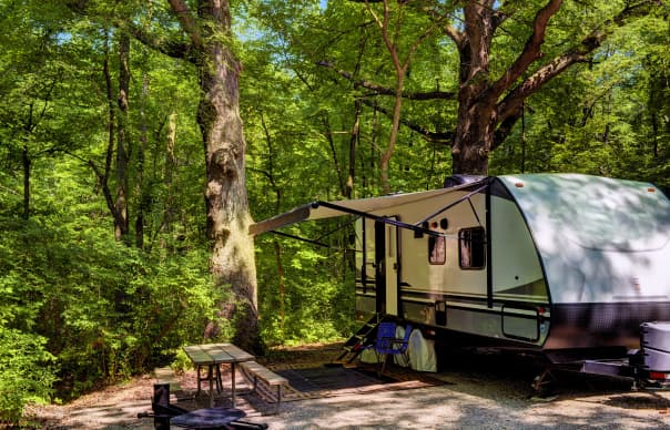 Travel trailer camping A view of a travel trailer in a campground