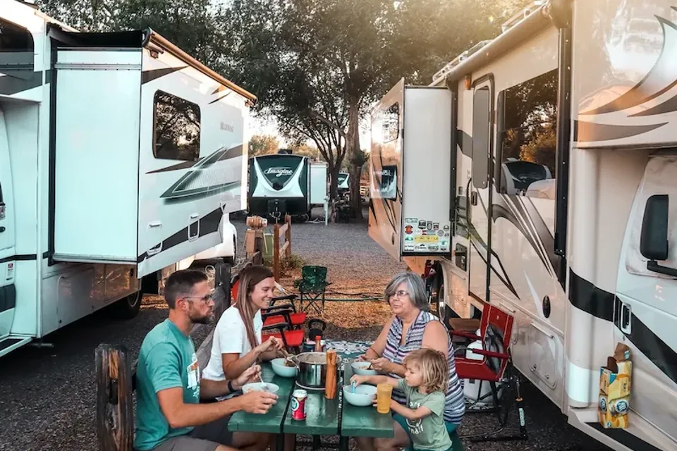 Family camping in an RV