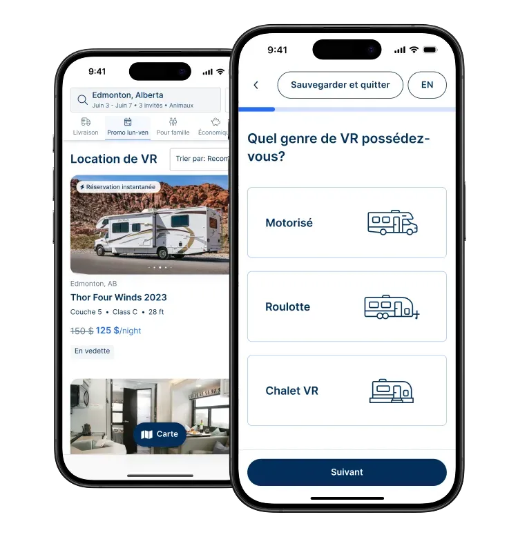 Captures d'écran de la plateforme RVezy sur ordinateur, tablette et mobile montrant la facilité de location de votre VR en ligne.