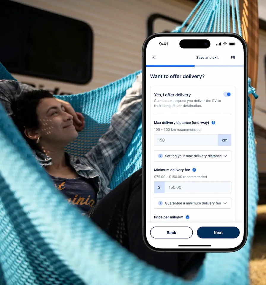 A person relaxing in a hammock with a smartphone showing pricing and delivery options for RV rentals, highlighting customizable rental rates and delivery services.