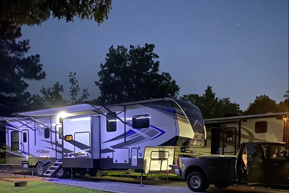 Hauler Toy hauler parked in a campground