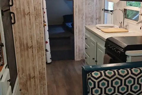 Nikki's cozy, kid friendly, pet friendly trailer. 