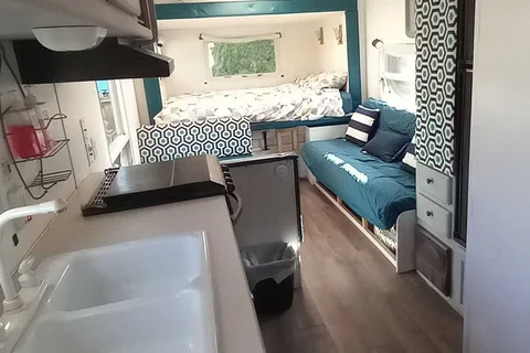 Nikki's cozy, kid friendly, pet friendly trailer. 