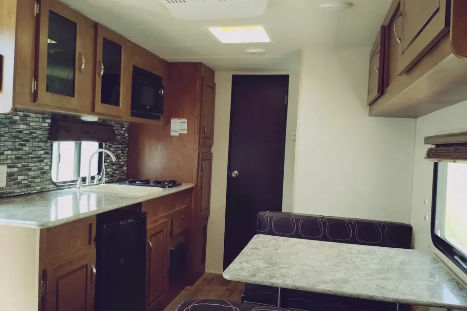 Meet Judy, our lightweight, retro themed little camper with bunkbeds to sleep five!
