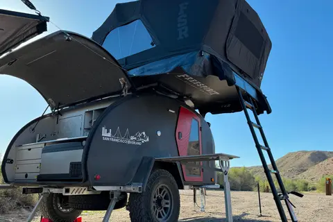 Lucy, our 2024 Escapod Voyager TOPO2 w/ FSR Premium Hybrid Roof Top Tent