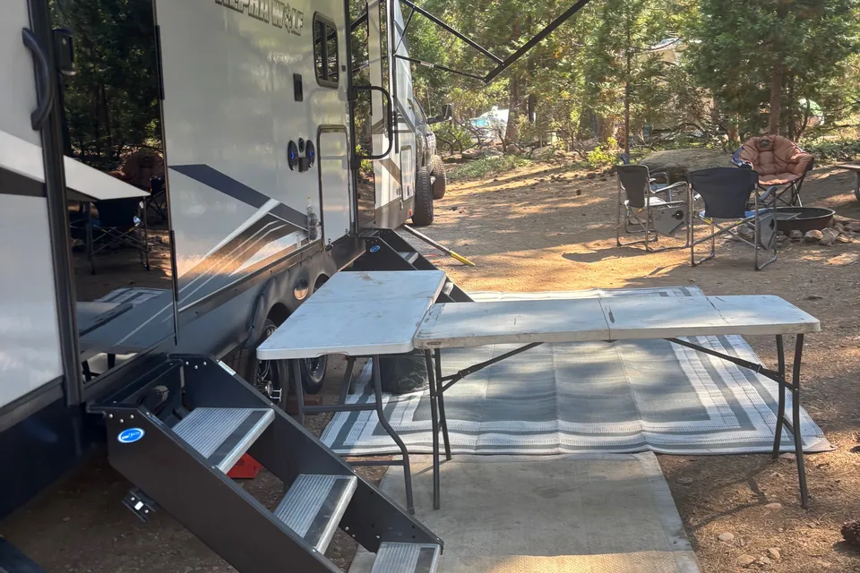 Custom stabilizers for “no rocking” while leveled Bunkhouse Trailer fully furnished and delivered