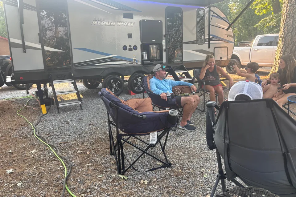 Custom stabilizers for “no rocking” while leveled Bunkhouse Trailer fully furnished and delivered