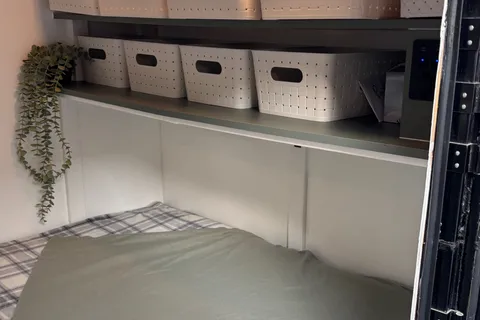 Spacious Square-Drop trailer with a small kitchen